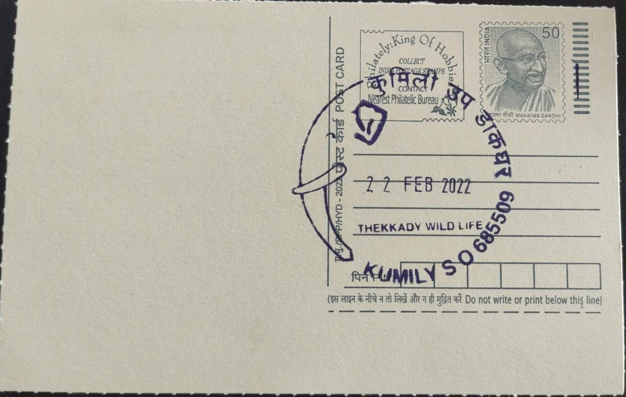 Yellow postcard with PPC of 🐘 from Kumily with Fancy palindrome same digit date of 22-Feb-22= 22-2-22