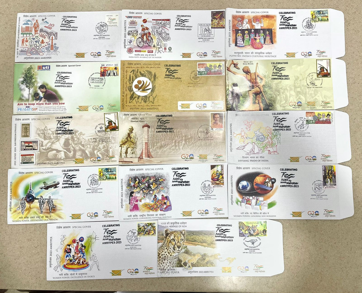 अमृतपेक्स सभी 14 विशेष कवर 11-15वें एकेएएम पर रद्दीकरण के साथ। ई पोस्ट ने इस सेट को सभी पर गांधीजी के 5 रुपये के स्टांप के साथ बेचा।