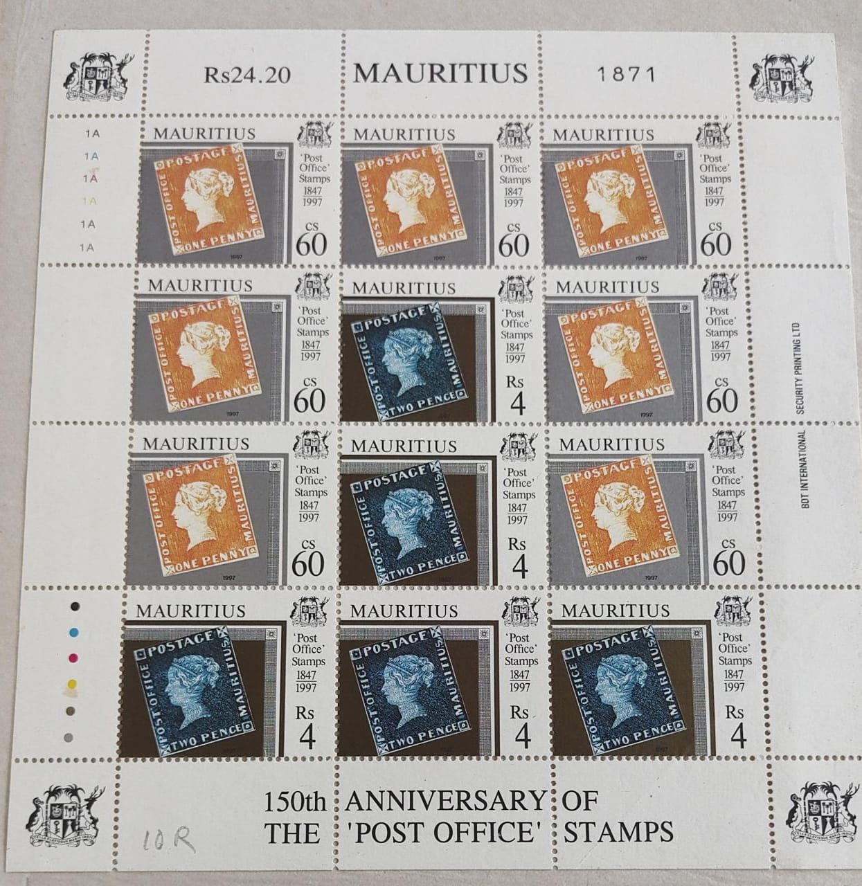 150th anniversary of post office stamps Sheetlet- issued by Mauritius in 1997.