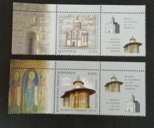 Romania-UNESCO world heritage building MS+Stamps-Silver foiling in MS.