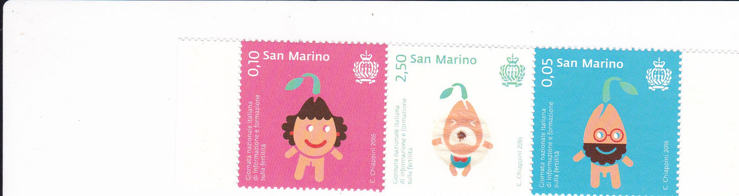 San Marino Unusual set of 3 stamps-with real seed in middle stamp, and with AR (Augment Reality) feature.