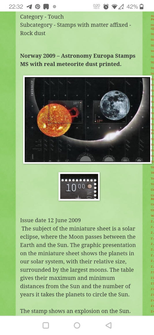 Norway 2009 issue, ms with real meteorite dust affixed.