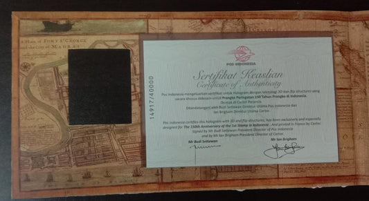 Indonesia's 150 th anniversary of stamps issue. Holographic stamp in ms with certificate of authenticity