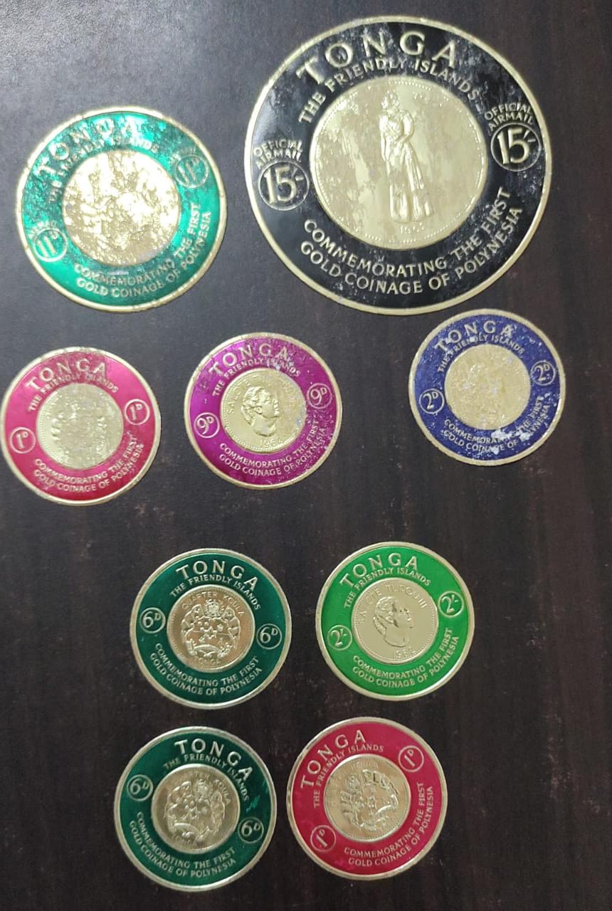 Tonga round shaped foil stamps. 9 value.