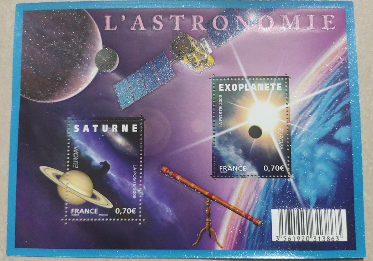 France 2009 ms on astronomy with glitters affixed.