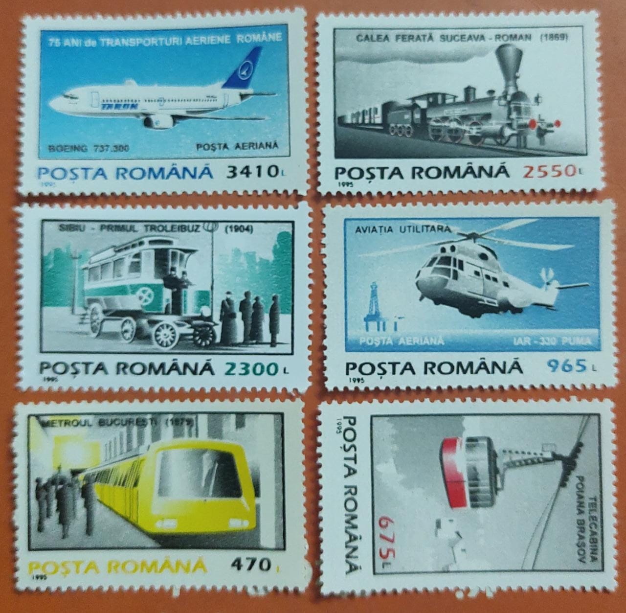 Romania set of 6 beautiful mint stamps on transport. Issued in 1995.
