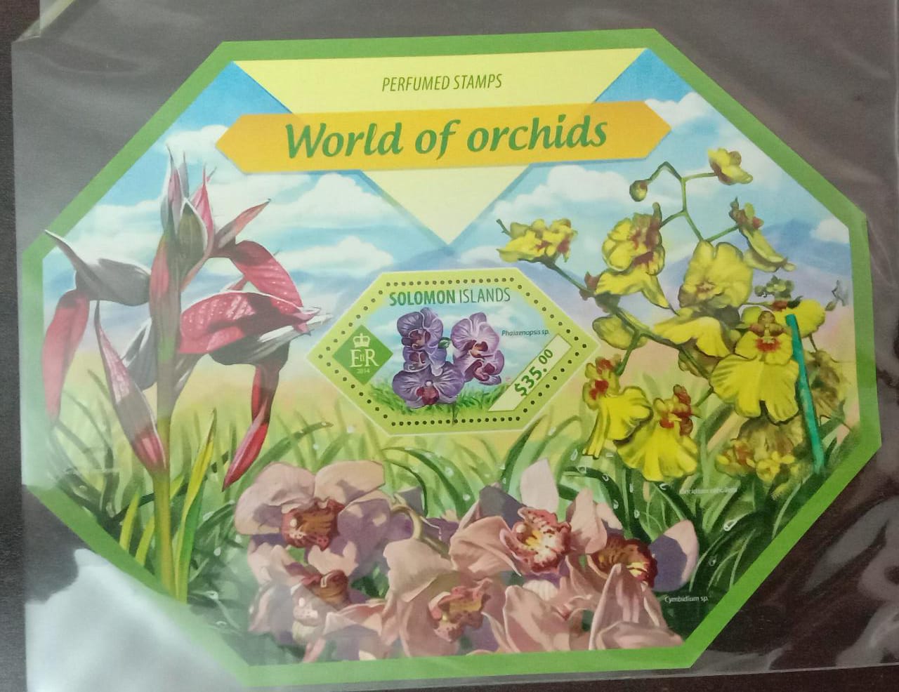 Solomon Islands odd shaped 1V ms with odd shaped stamps with fragrance of orchids .