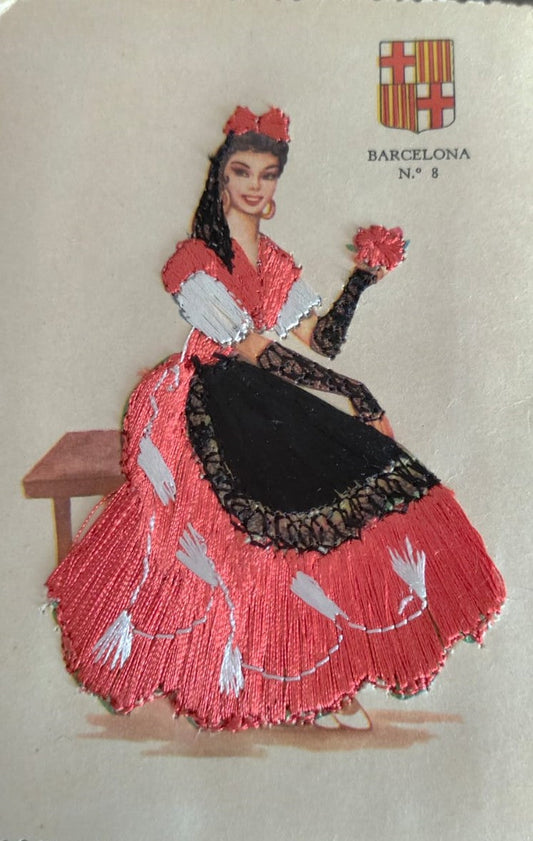Vintage Spanish costume postcard with real fabric and embroidered dress detail