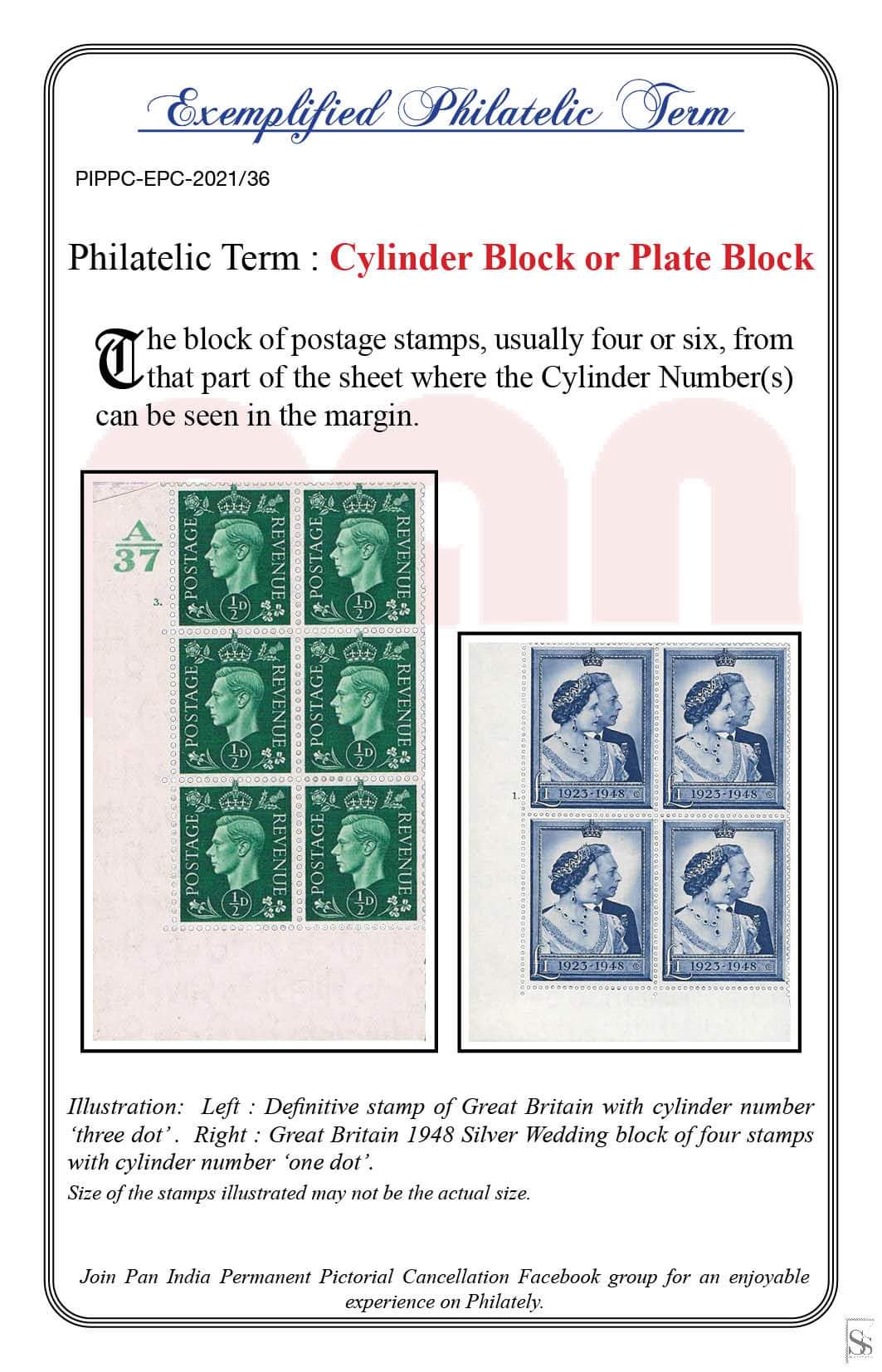36. Today's Exemplified Philatelic term-Cylinder Block or Plate Block