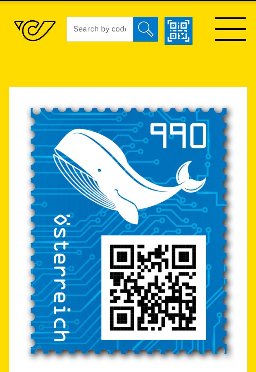 Austria Crypto Stamp 3.0 whale stamps with blue green and black virtual colours