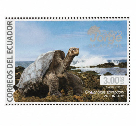 Ecuador 2012 Lonesome George giant tortoise stamp with volcanic rock powder