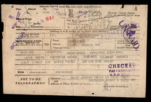 1951 Bombay–Karachi telegram with King George VI and early post-Independence Indian stamps