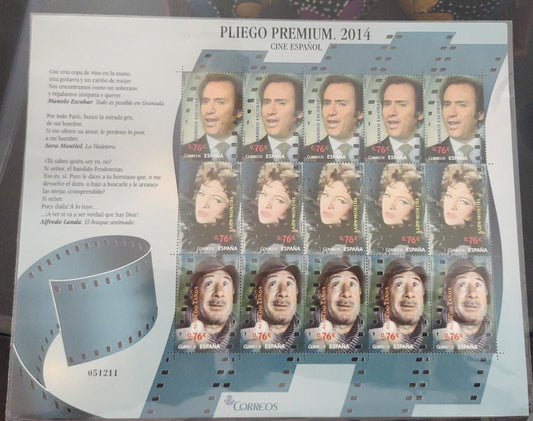 Spain 2014 cinema reel-shaped die-cut stamp sheetlet featuring Spanish actors