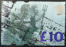 Fine-used UK 1993 £10 Britannia stamp with security-printing details