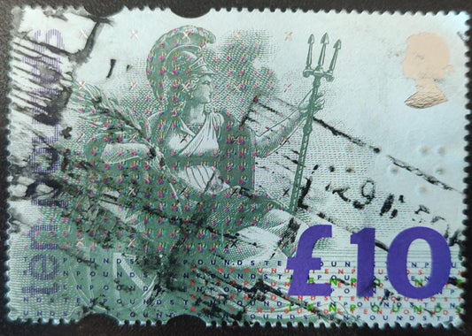 Fine-used UK 1993 £10 Britannia stamp with security-printing details