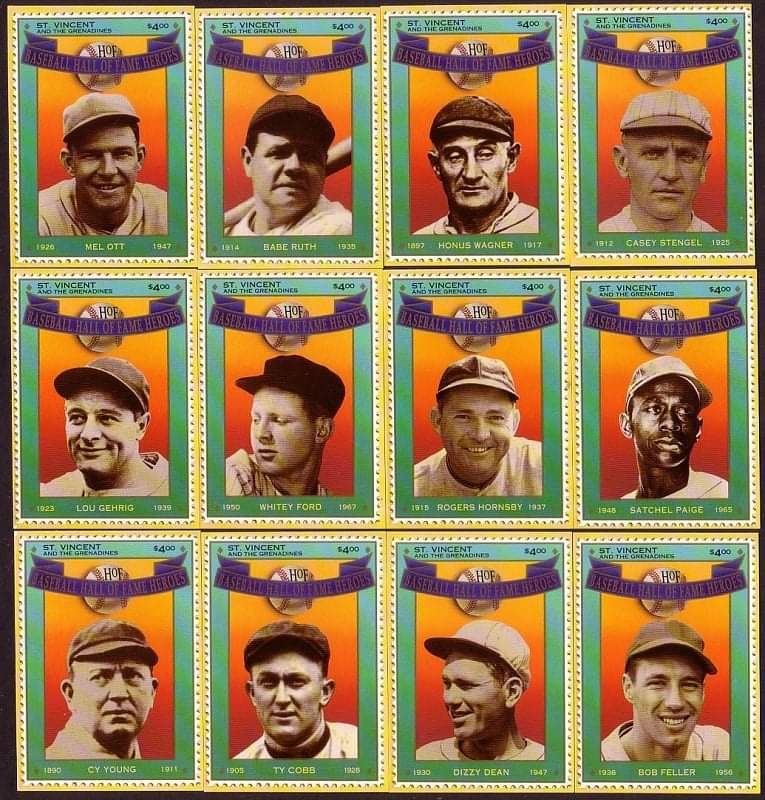 1992 St. Vincent set of 12 baseball card postage stamps with box