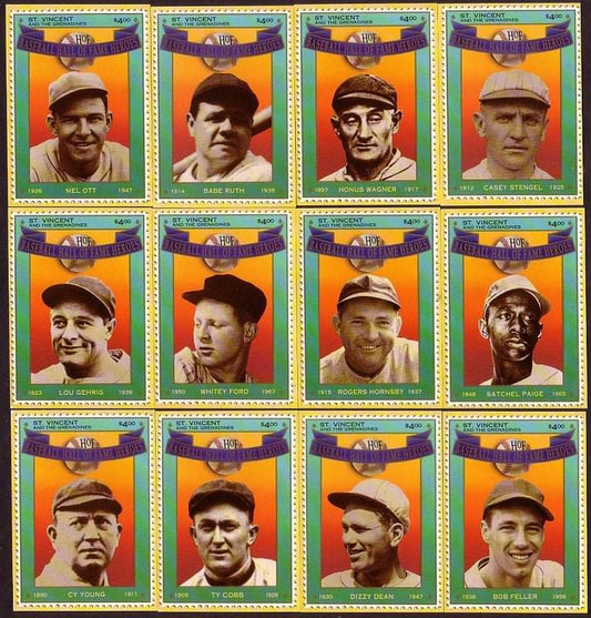 1992 St. Vincent set of 12 baseball card postage stamps with box