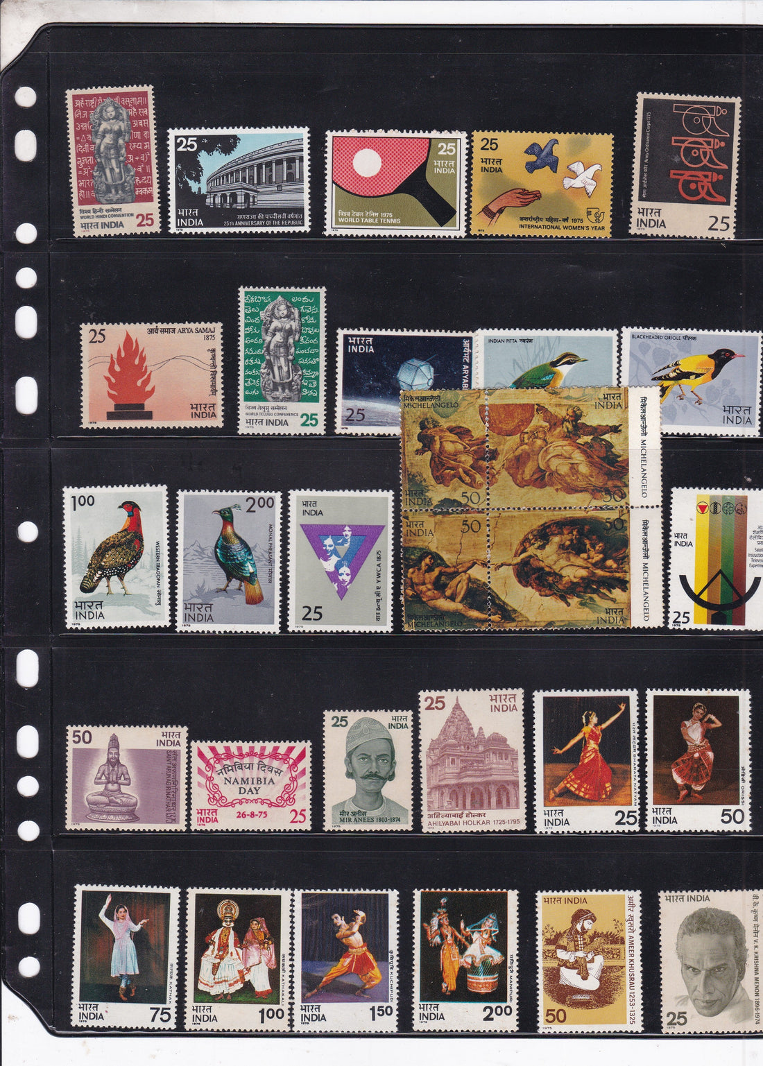 India 1975 commemorative mint stamps arranged as a year group
