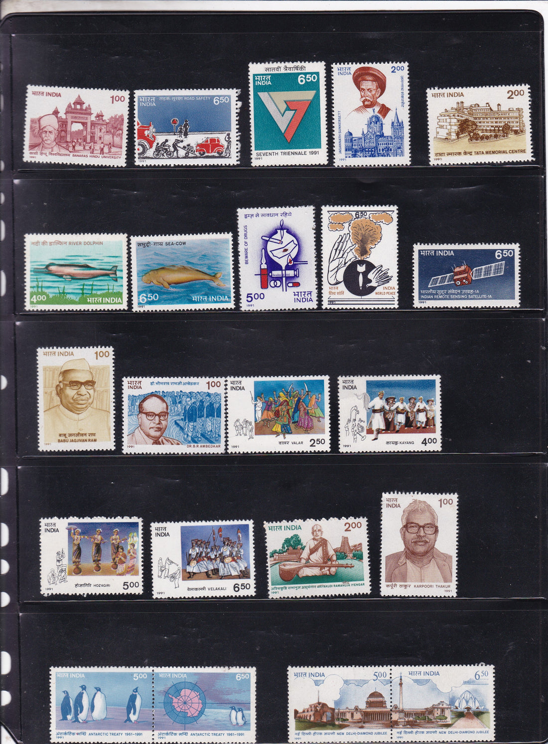 India 1991 MNH stamps arranged as a year-set selection