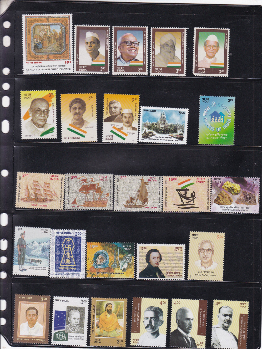 India 2001 full year pack MNH stamps arranged for a milestone stamp album