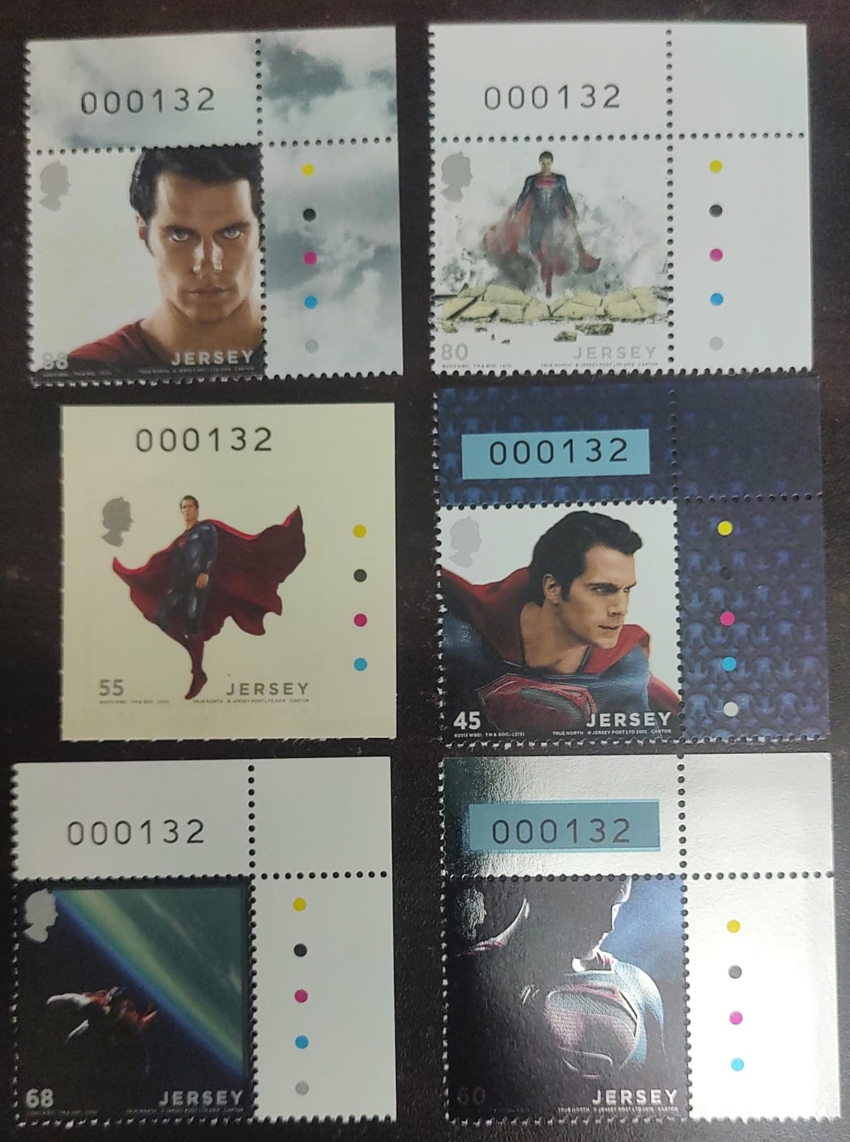 Jersey-2013 Superman - Man of Steel Beautiful set of 6 different unusual stamps. with Traffic Lights and sheet numbers #000132