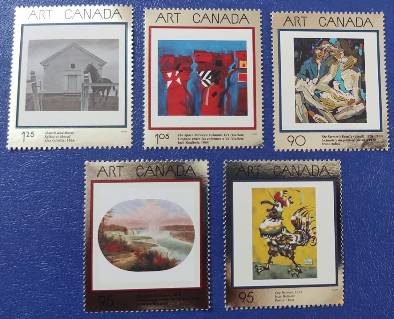 Canada 5 beautiful stamps with metallic foil. On paintings issued in 2000