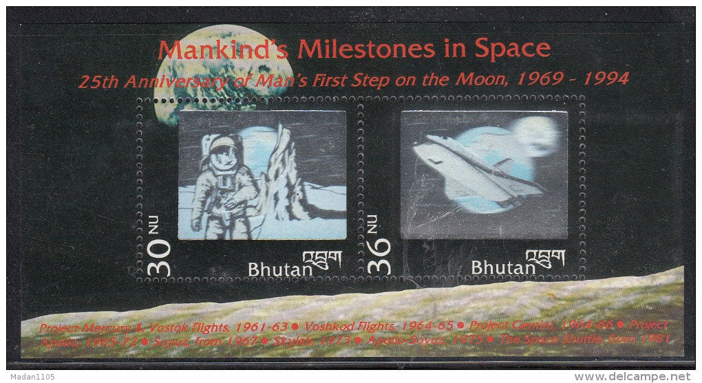 Bhutan 1994,--25th Anniversary First Moon Landing of man on moon,hologram ,space craft, miniature sheet MNH