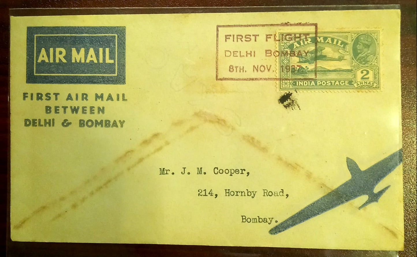 BRITISH INDIA 1937 .FIRST AIRMAIL SERVICE 8 NOV 1937.FIRST DAY USED IN FIRST FLIGHT. HISTORIC COMMERCIALY USED COVER