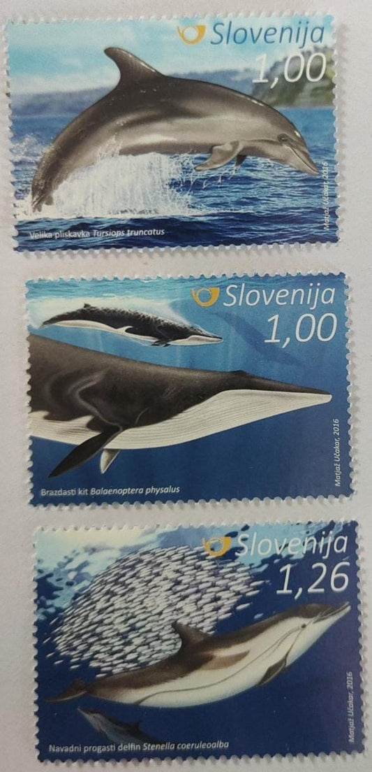 Slovenia 2016 set of three stamps which glow under UV light.   Bones skeleton of fish are visible under UV light