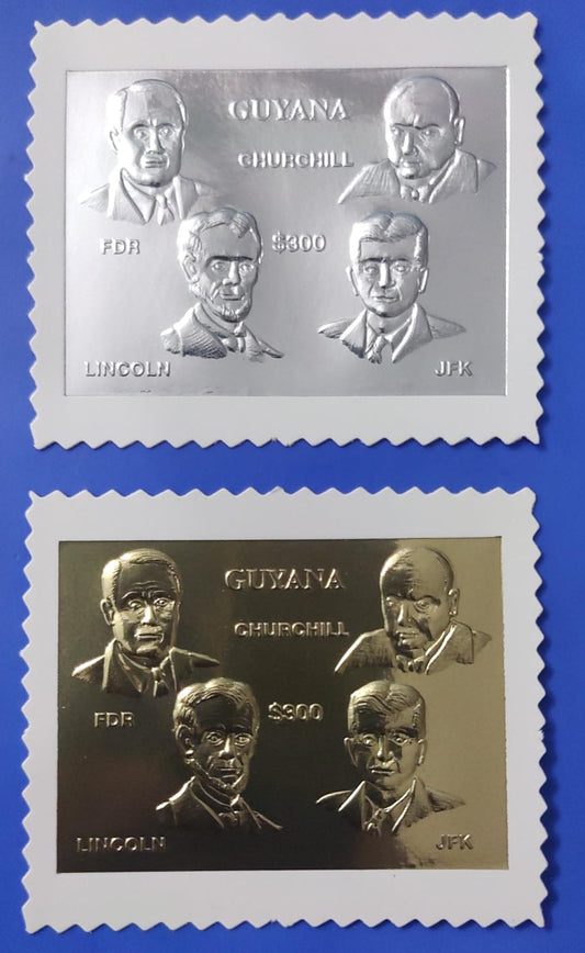 Guyana Gold and Silver foil stamps featuring JFK, Lincoln, Churchill, Roosevelt.
