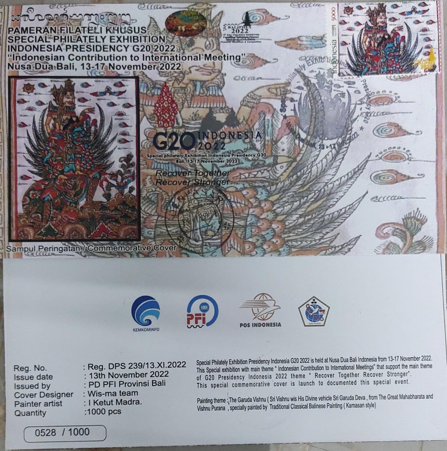 Indonesia FDC on Garuda and Vishnu issued for G20- 2022 summit.