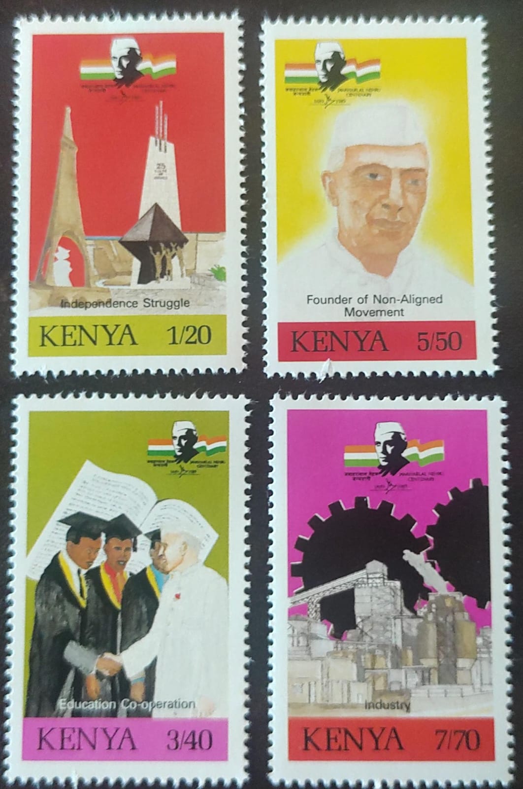 Kenya set of 4 stamps on Nehru.   With logo of Nehru Birth Centenary.