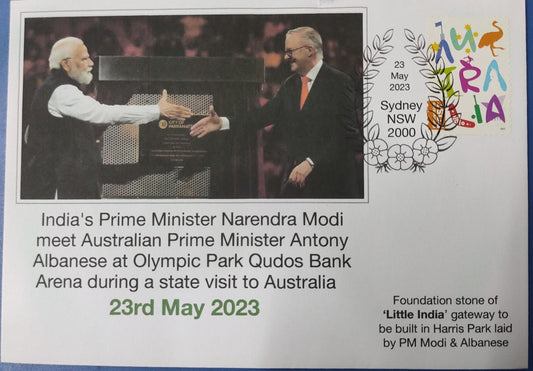 PM Modi's visit to Australia on 23.5.23  Meeting his Australian counterpart.   Commemorative cover with pictorial cancellation.