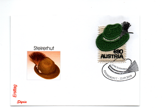 AUSTRIA 2018 STEIRER HAT EMBROIDERY STAMP-UNUSUAL STAMP- First day Cover