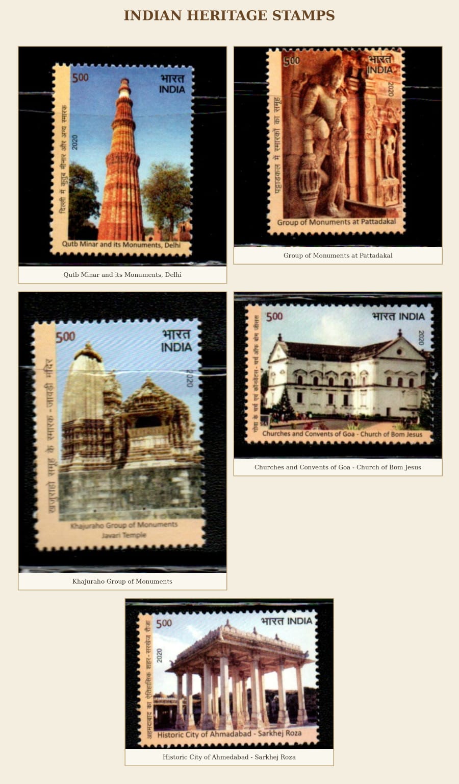 India 2020 UNESCO World Heritage Sites in India-Cultural Sites III series set of 5 mint stamps