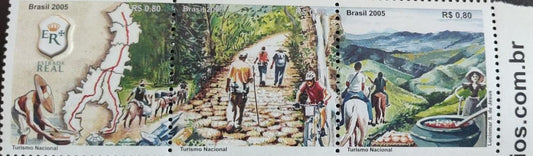 Brazil 2005 setenent stamps with real rock powder affixed in the middle stamp.   On the rocky path.   Left stamp with high embossed.