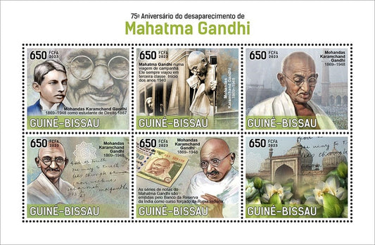 75th anniversary of India's independence.   Guinea Bissau 6 stamps ms featuring Gandhiji.