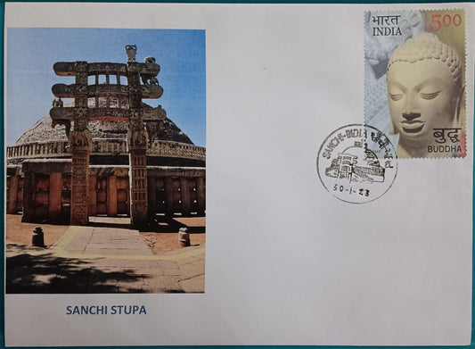 Permanent pictorial cancellation of Sanchi stupa on pvt cover -dated 30-1-2023  With matching stamp on Buddha