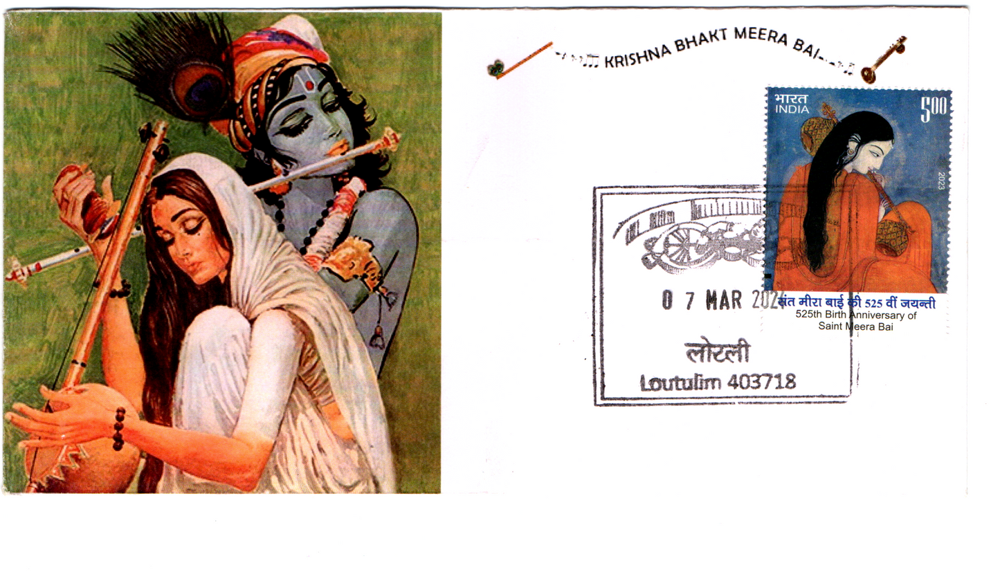 India Beautiful cover on Sri Krishna and Meera with related stamp and related permanent pictorial cancellation of Loutulim, Goa