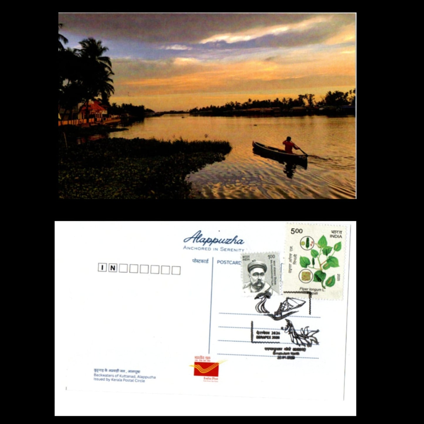 A beautiful set of 5 pic postcards on back waters of Alappuzha, issued during Kerapex 2026 with exhibition logo special cancellation.