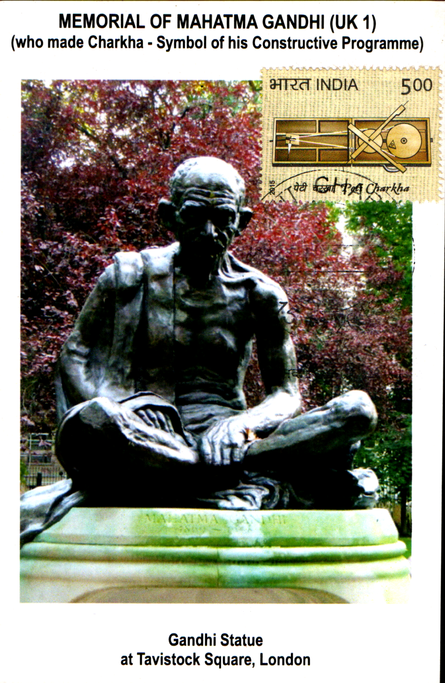 Gandhiji Charkha Maxim Card with Stamp on Charkha with first day cancellation from Gandhi Statue at Tavistock Square,London