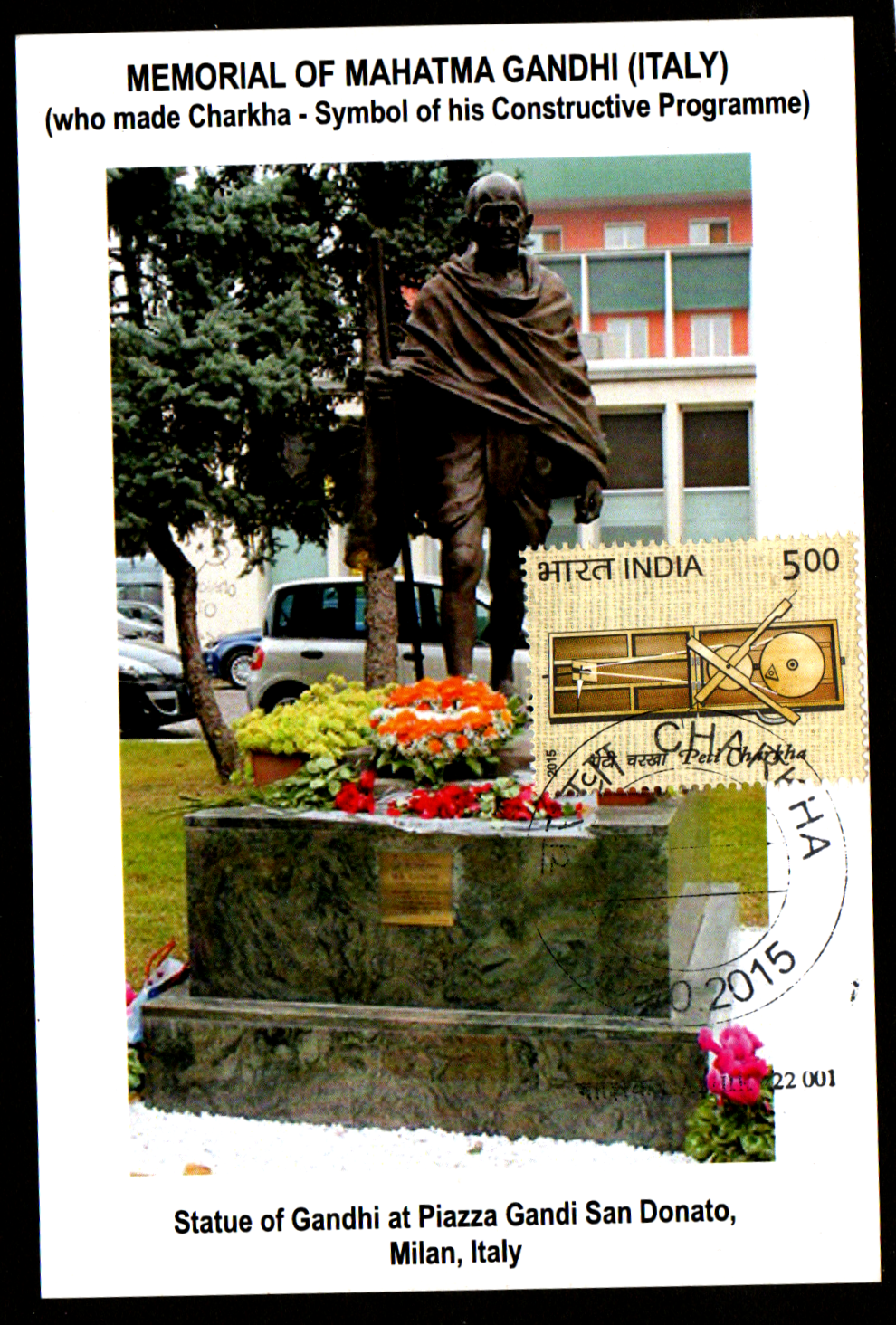 Gandhiji Charkha Maxim Card with Stamp on Charkha with first day cancellation from  Statue of Gandhi at Piazza Gandi San Donato,Milan,Italy
