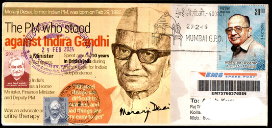 Permanent Pictorial  Postally Travelled Cover on Morarji Desai,The pm who stood against Indria Gandhi -29-02-2024 From Mumbai