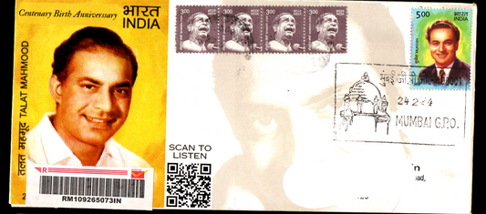 Permanent Pictorial  Postally Travelled Cover on Talat Mahmood -24-02-2024 From Mumbai
