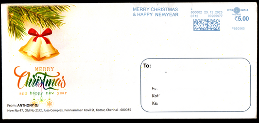 Franking Cancellation Postally Travelled Cover on Merry Christmas and Happy new Year-23.12.2023 From Chennai