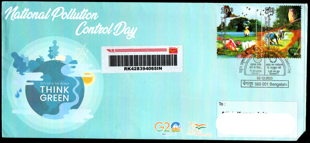 Special Cover Postally Travelled on on National Pollution Day -02.12.2023 from Bengaluru&nbsp;