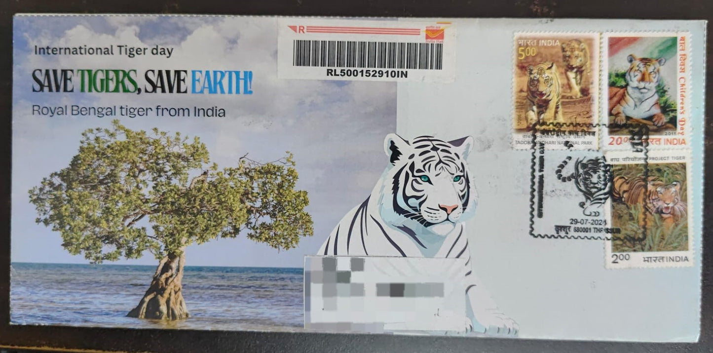 Tiger day 🐅 Special cancellation- 29.7.24. On private cover designed by bharatexotics,  Travelled and cancelled from Thrissur