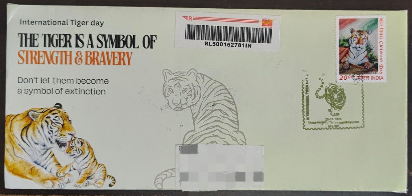 Tiger day 🐅 Special cancellation- 29.7.24. On private cover designed by bharatexotics,  Travelled and cancelled from Thiruvanthapuram