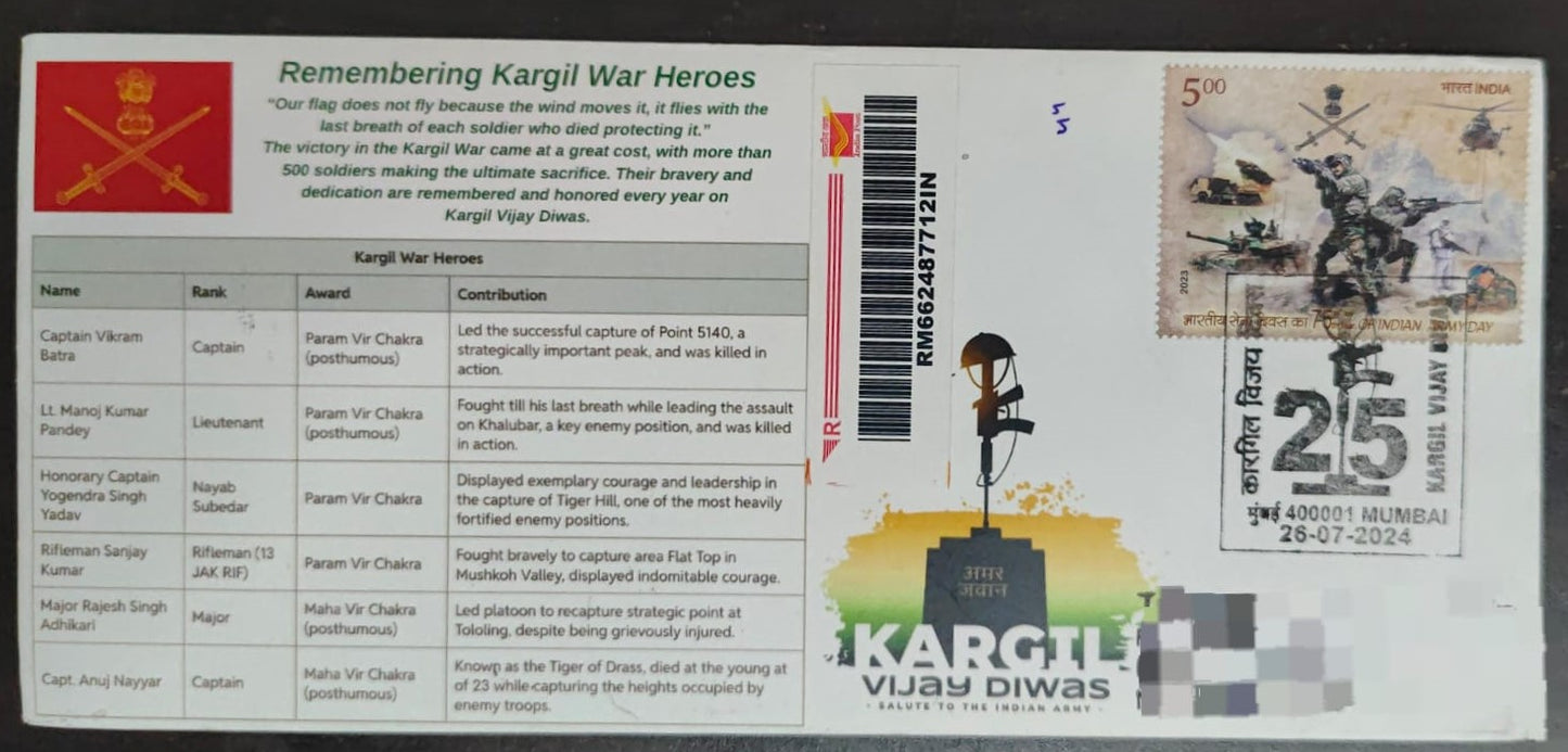 Special cancellation on 25 years Kargil vijay diwas -travelled cover with relevant stamp from Mumbai
