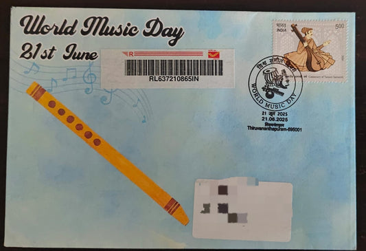 International day for music-  Special cancellation 21.6.2025  On private cover designed by bharatexotics,  Travelled and cancelled from Thiruvanthapuram